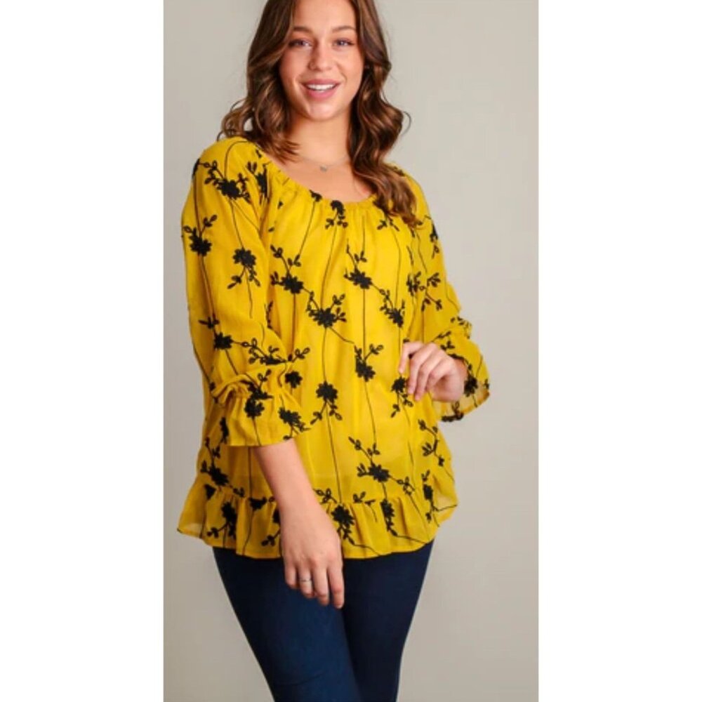 Forgotten Grace Yellow Peasant Top Black Embroidered Floral Ruffled Bottom 3X
